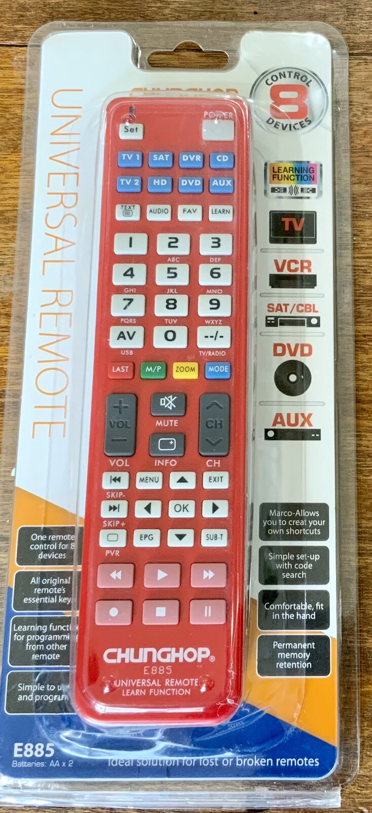 Universal IR Learning Remote Control for Smart TV SAT DVD AUX CD VCR DVR 8 in 1