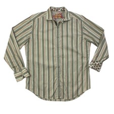 Robert Graham Shirt Mens L Large Moss Purple Stripe Long Sleeve Floral Flip Cuff