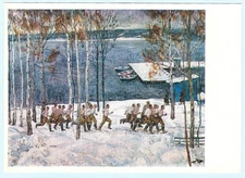 G.Sevostyanov 1977 Russian postcard Winter Morning Snow SOLDIERS EXERCISE