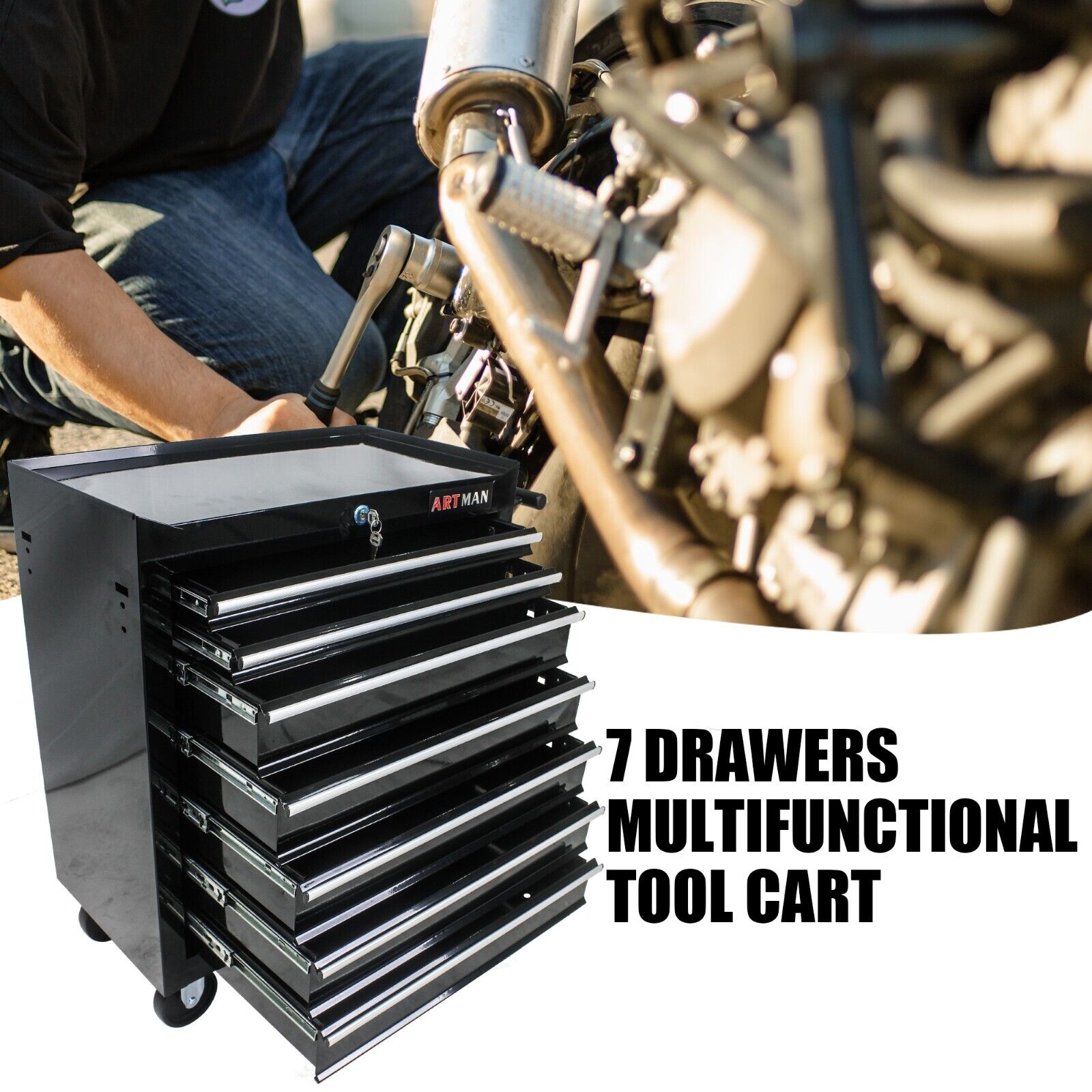 Lockable Tool Box w/Wheels Rolling Tool Cart Storage Organizer Cabinet Garage