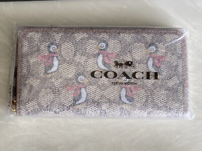 NWT COACH PENGUIN SIGNATURE JACQUARD/LEATHER ACCORDION ZIP WALLET