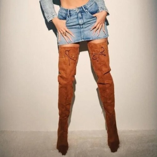 8 Good American Over Knee Boots Brown Suede Slouchy Pointed Toe Kitten heels