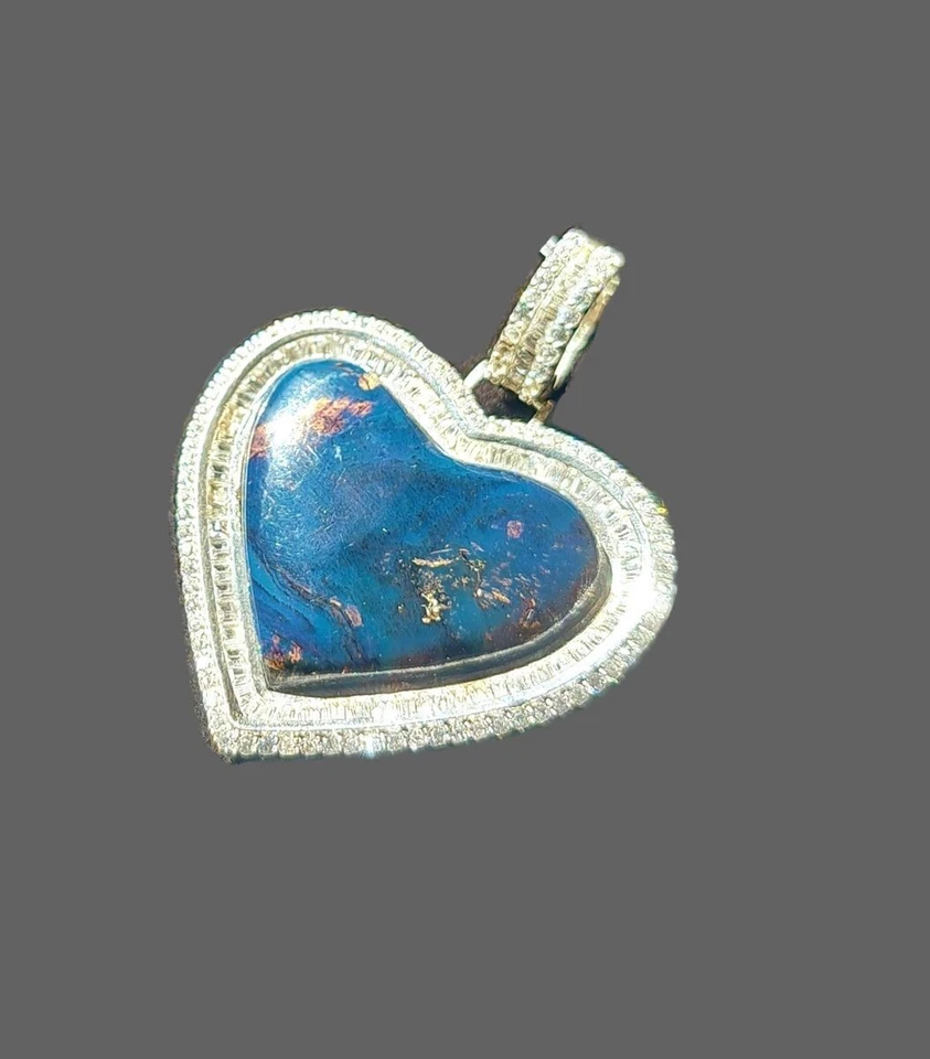 Colgante de plata esterlina corazón dominicano azul ámbar piedra hecho a mano circonita Foto 3 de 4