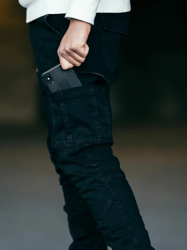 Jeans uomo nuovo pantalone lavaggio tinta unita multitasche denim vita media cargo. - Foto 17 di 24