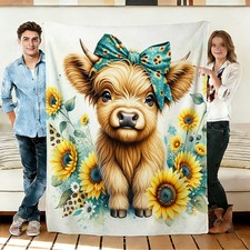 Highland Cow and Sunflower Flannel Blanket Soft Cozy Throws Napping Travel Use