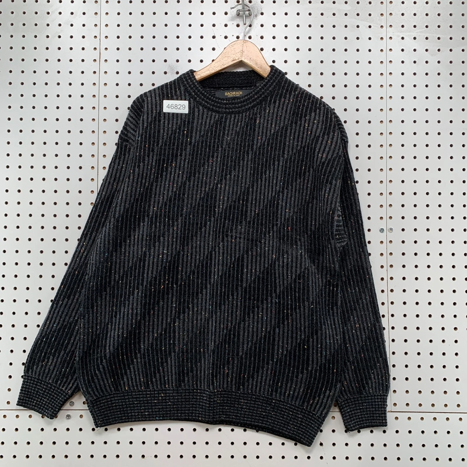 Vintage Bachrach Wool Sweater Mens Medium Black Made In Italy Rib Knit Speckled
