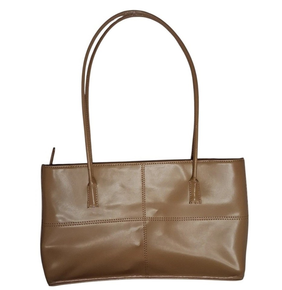 Vintage Style Tan Shoulder Bag for Women with Stitching Accent and Zip Closure