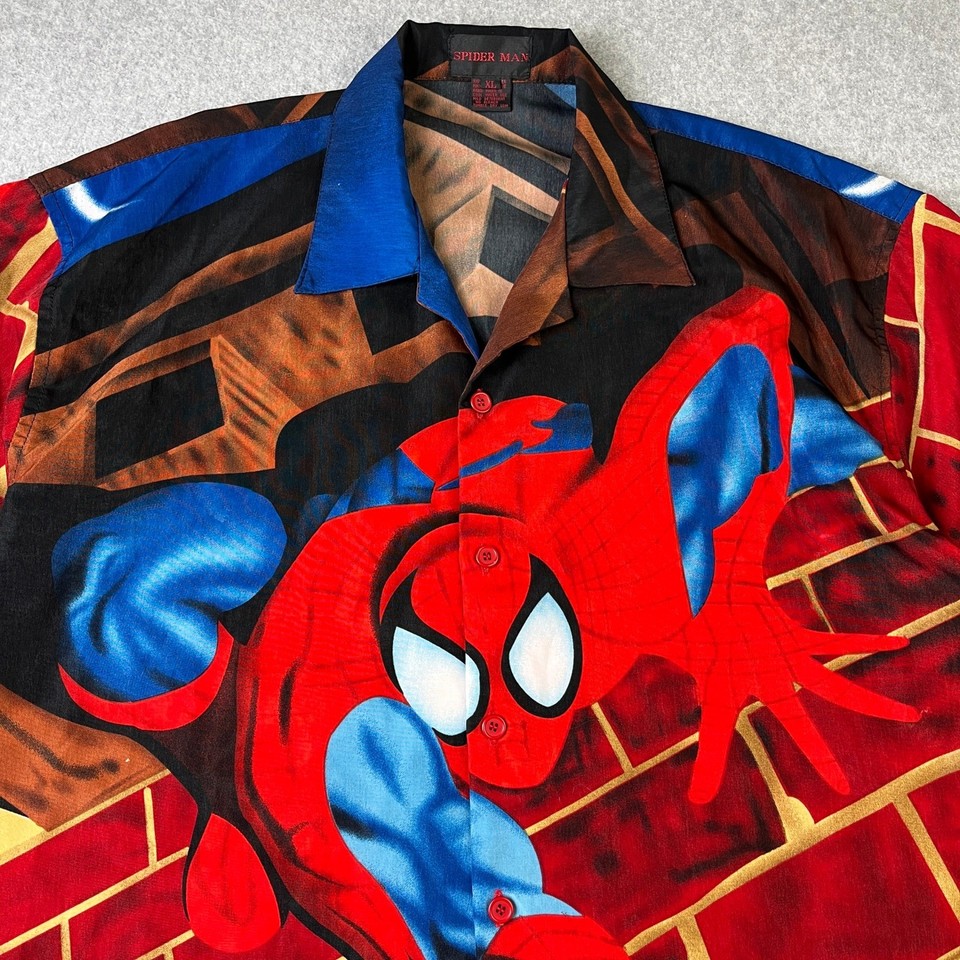 Vintage Spider Man Button Up Camp Shirt Mens XL Red All Over Print ...