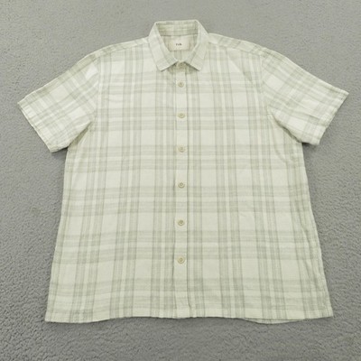 Folk Shirt Mens Large Beige Raw Linen Blend Short Sleeve Button Up Plaid Check