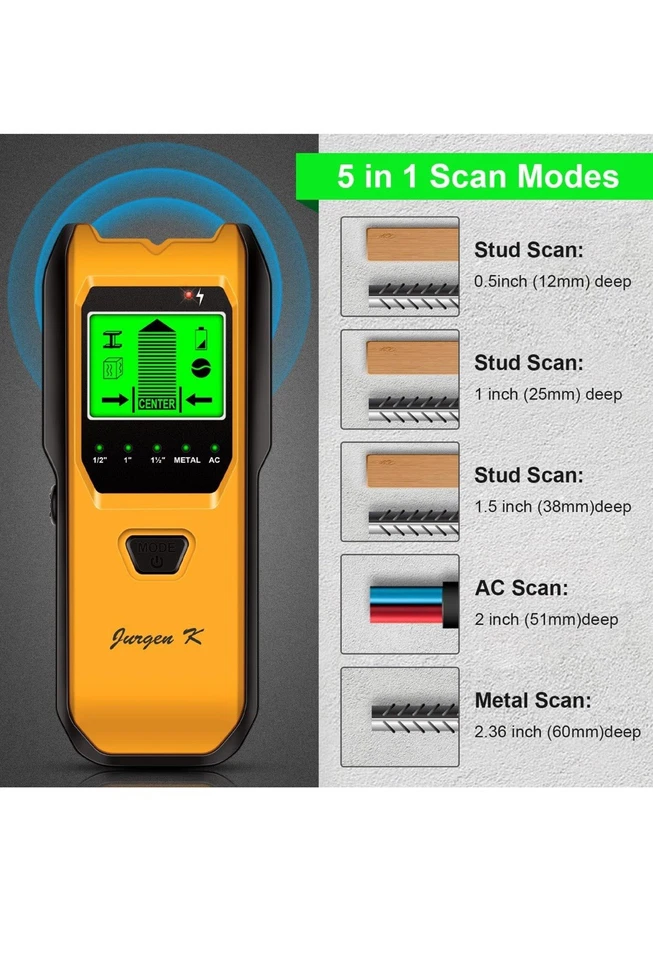 5 in 1 Digital Stud Finder Wood Metal Pipe Wire Wall Scanner Sensor LCD Detector - Image 3 of 4