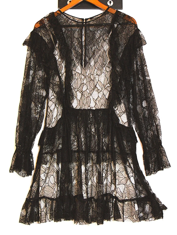 Zara Goth Lace Black Shift Dress Tiered Long Balloon Sleeves Button Ruffled - Image 3 of 3
