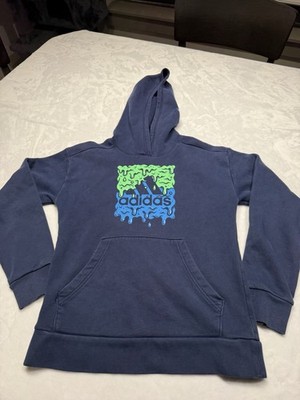 Adidas Youth Hoodie Size M 10/12 Navy Blue Graphic Pullover Sweatshirt