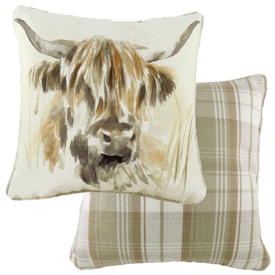 Evans Lichfield Watercolour Collection Piped Cushion Cover: Highland Cow 17x17""
