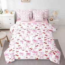 Pink Bow 7 Pieces Bedding Set, Queen Size Watercolor Bow Bed Set for Boys Gir...