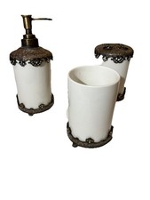 Elegant 3 Piece Ceramic Bathroom Set Soap Dispenser Toothbrush Holder White MGM