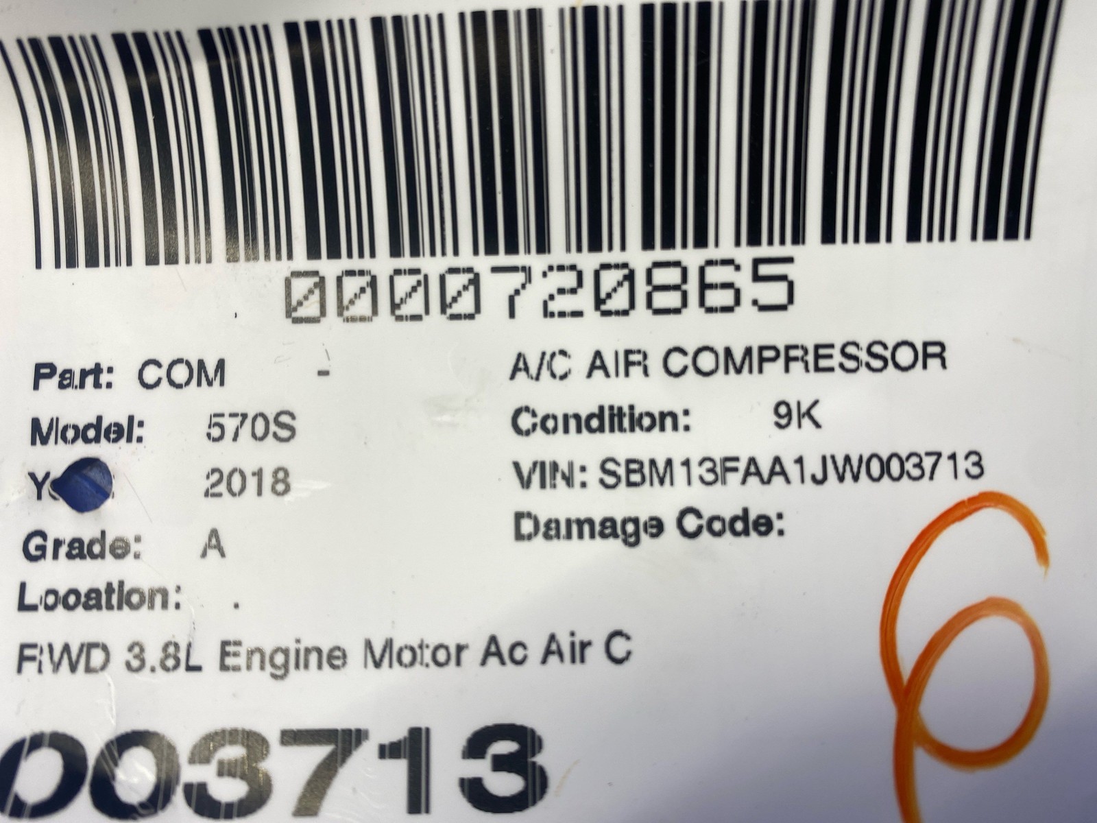 2016-2021 Mclaren 570s RWD 3.8L Engine Motor Ac Air Conditioning Compressor oem
