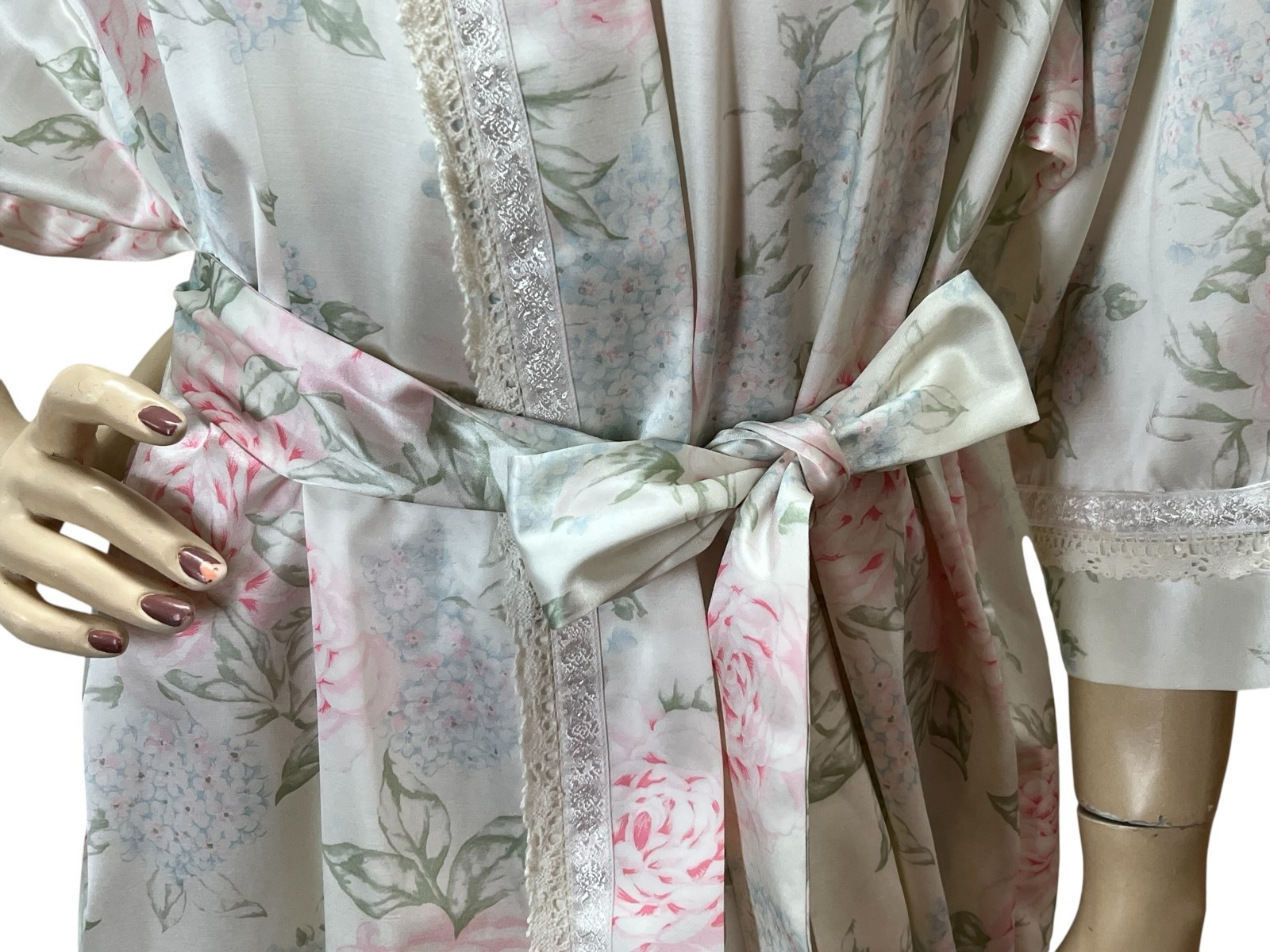 Sz S Vtg CHRISTIAN DIOR Wrap Robe Tie Belt Pockets Cream Pink Blue Floral thumbnail 5