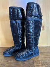 UGG OVER THE KNEE BAILEY BUTTON SPARKLE 9 BLACK HOLOGRAM EUC FUR TALL RARE