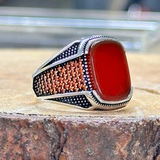 Handmade 925k Sterling Silver Red Agate Ring , Silver Aqeeq Carnelian Men Ring