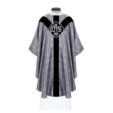 Black/Silver Damascene Chasuble and Stole, IHS Design Priest's Chasuble Vestment