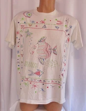 Vintage Fish Art Shirt Mens XL White Colorful Graphic Screen Stars Best 90s USA