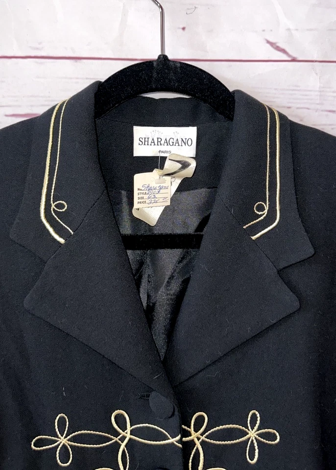 Chaqueta Blazer SHARAGANO Paris Talla 42 Mezcla Lana Negra Dorada Bordada De Colección Foto 2 de 4