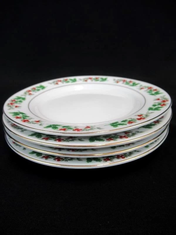 Set of 4 Gibson 6" Saucers Plates Holiday Gold Pattern White Green Red Holly - Image 4 of 4