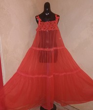 Vtg 70s Made in California Sheer Red Nylon Nightgown Sweep Lace