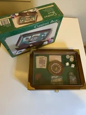 Casino Themed Wood Storage Box Deck Card/ Poker Chips Holder All Inside.