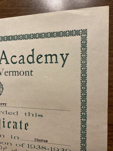 1939 Bradford Academy School Award Chorus Certificato Vermont VT Firmato P7b - Foto 5 di 16