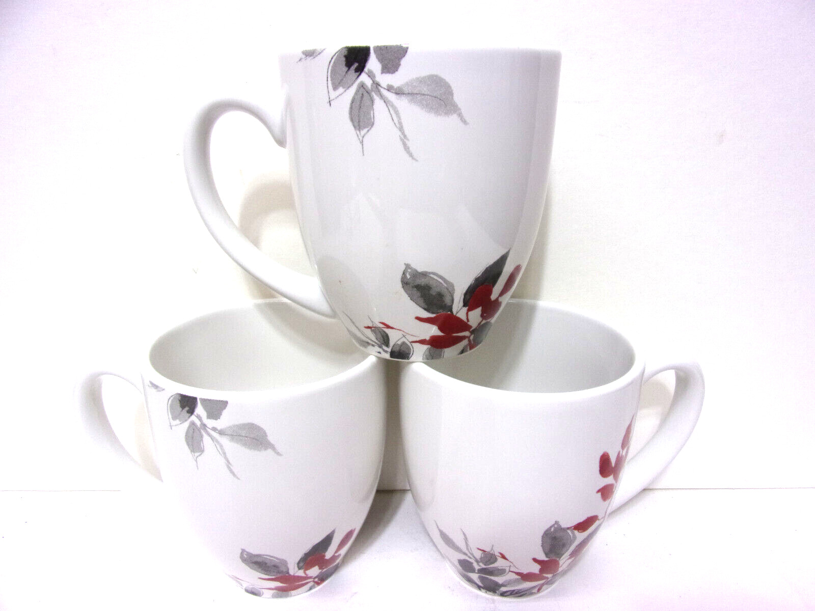 Set of 3 Corelle Kyoto Leaves Mugs Round Stoneware Red Grey Japanese garden