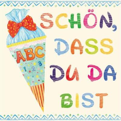 20 Servietten Schulanfang ''Schön dass du da bist'' beige blau Einschulung 33x33cm