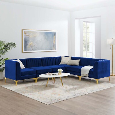 Modway Triumph Channel Tufted Performance Velvet 6-Piece Sectional Sofa in Navy