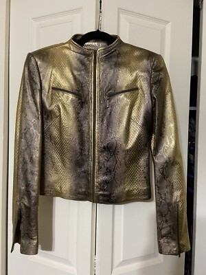 Balizza New LEATHER Jacket US4(XS)/IT38 Gold/bronze shinny snake print Italy.