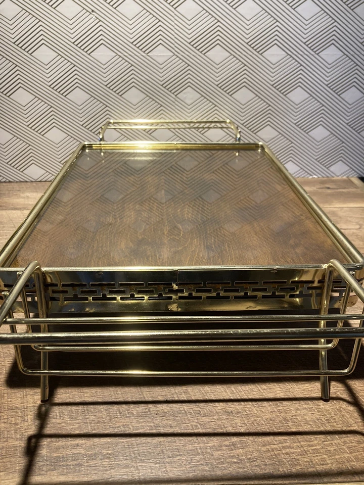 Mid Century Modern Bar Serving Tray Wood Glass Top Hollywood Regency Tiki Bar - Image 2 of 4