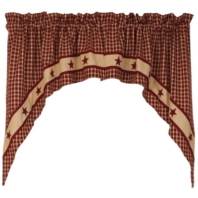 Burgundy Prairie Star Checked Window Swag, 72'' x 36'', Primitive Country