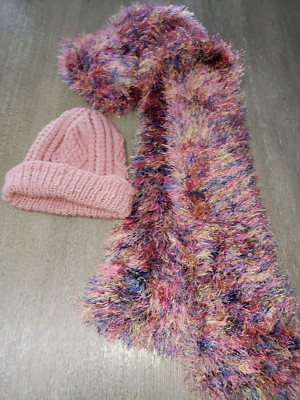 womens THICK HAIRY WINTER SCARF soft pink blue yellow 70 x 5 pink hat KNIT NICE!