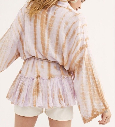Free People Size XS/S FP One Sasha Tie Dye Kimono Lavender Combo Belted Top -New - Picture 2 of 14
