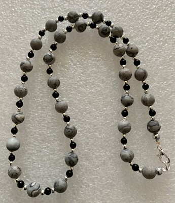 20'' Picasso / Map Stone and Black Jade Necklace and Earring Set