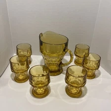 Vintage Anchor Hocking Georgian Amber Pitcher And 6 Glasses Some Air Bubbles