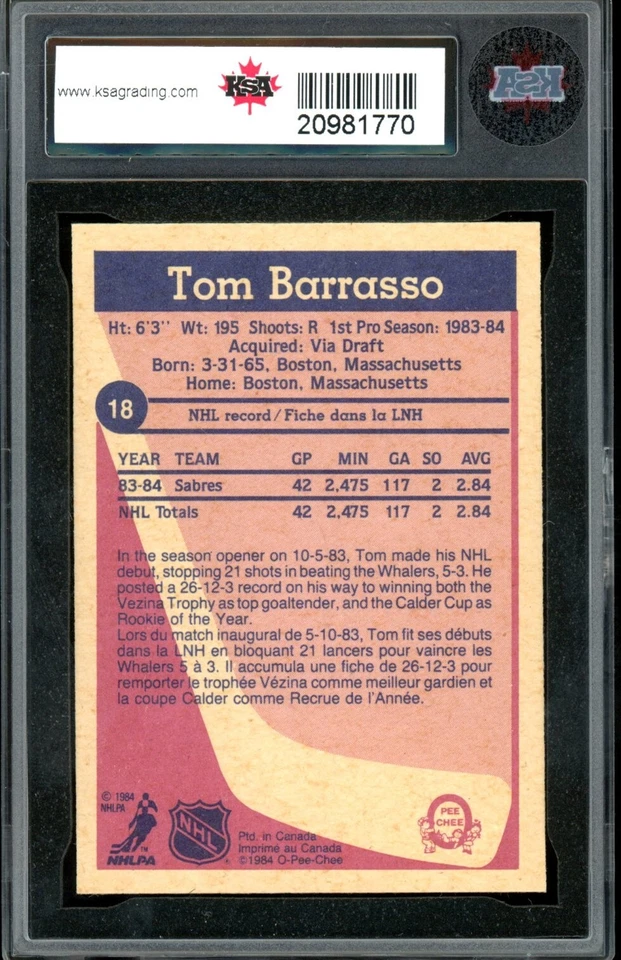 1984-85 OPC O-Pee-Chee NHL #18 Tom Barrasso Rookie KSA 10 GEM-MINT Sabres RC - Image 2 of 2