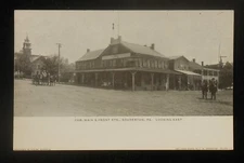 1900s Cor. Main & Front Sts. Looking East Horses Wagon Store Souderton PA PC