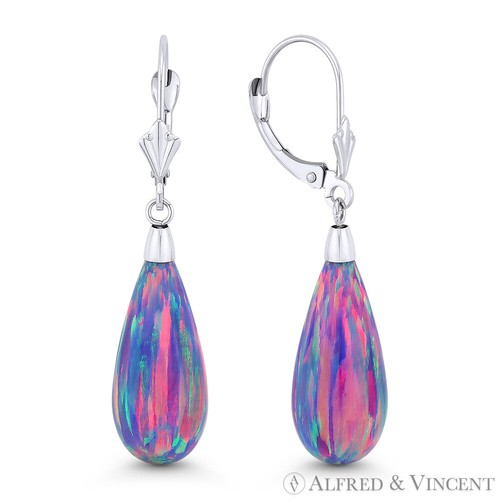 Lavendel Lab-Created Opal 14k Weißgold Leverback Träne Ohrhänger - Bild 3 von 3