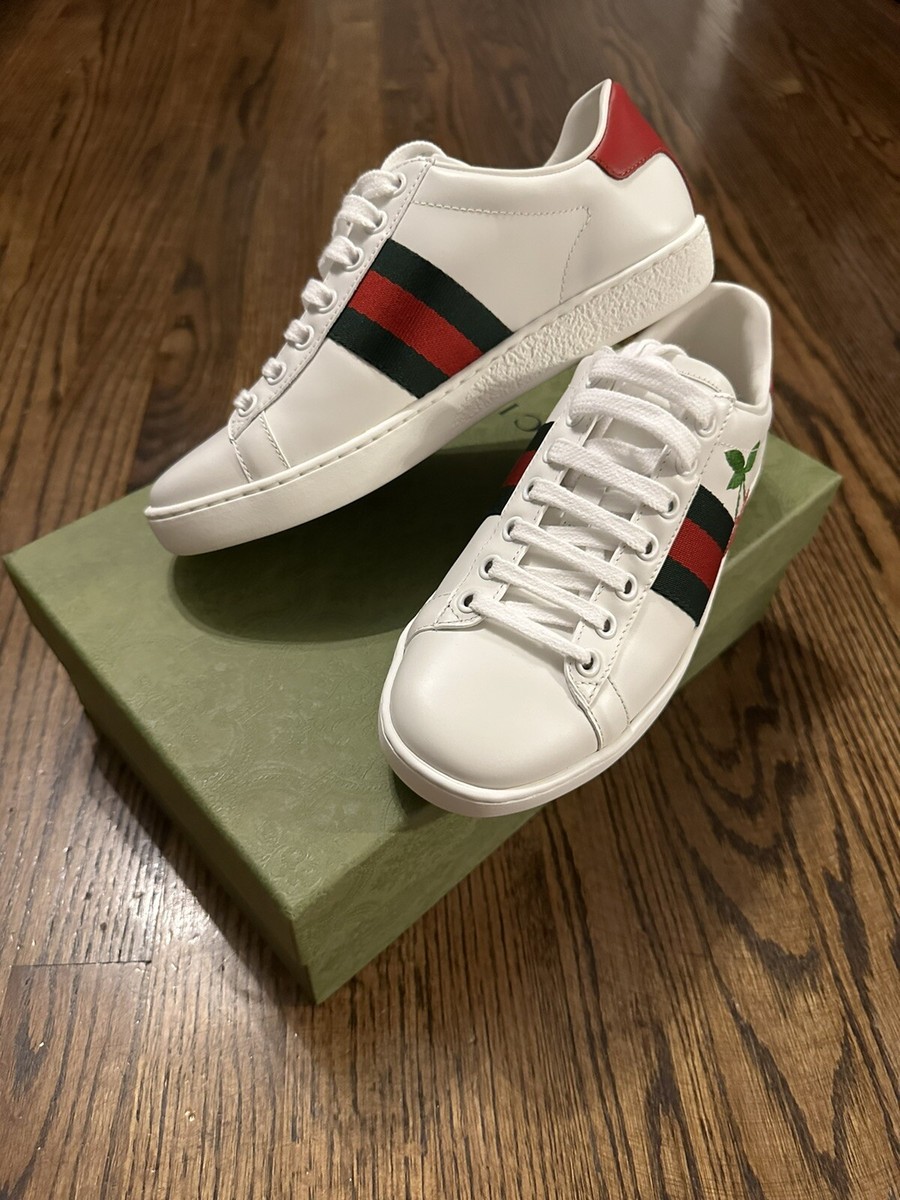 NEW Gucci White Sneakers Ace Cherry Red Green Stripe EU Size