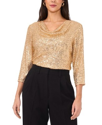 $69 Vince Camuto Women Sequined Cowlneck 3/4-Sleeve Top Gold Size S