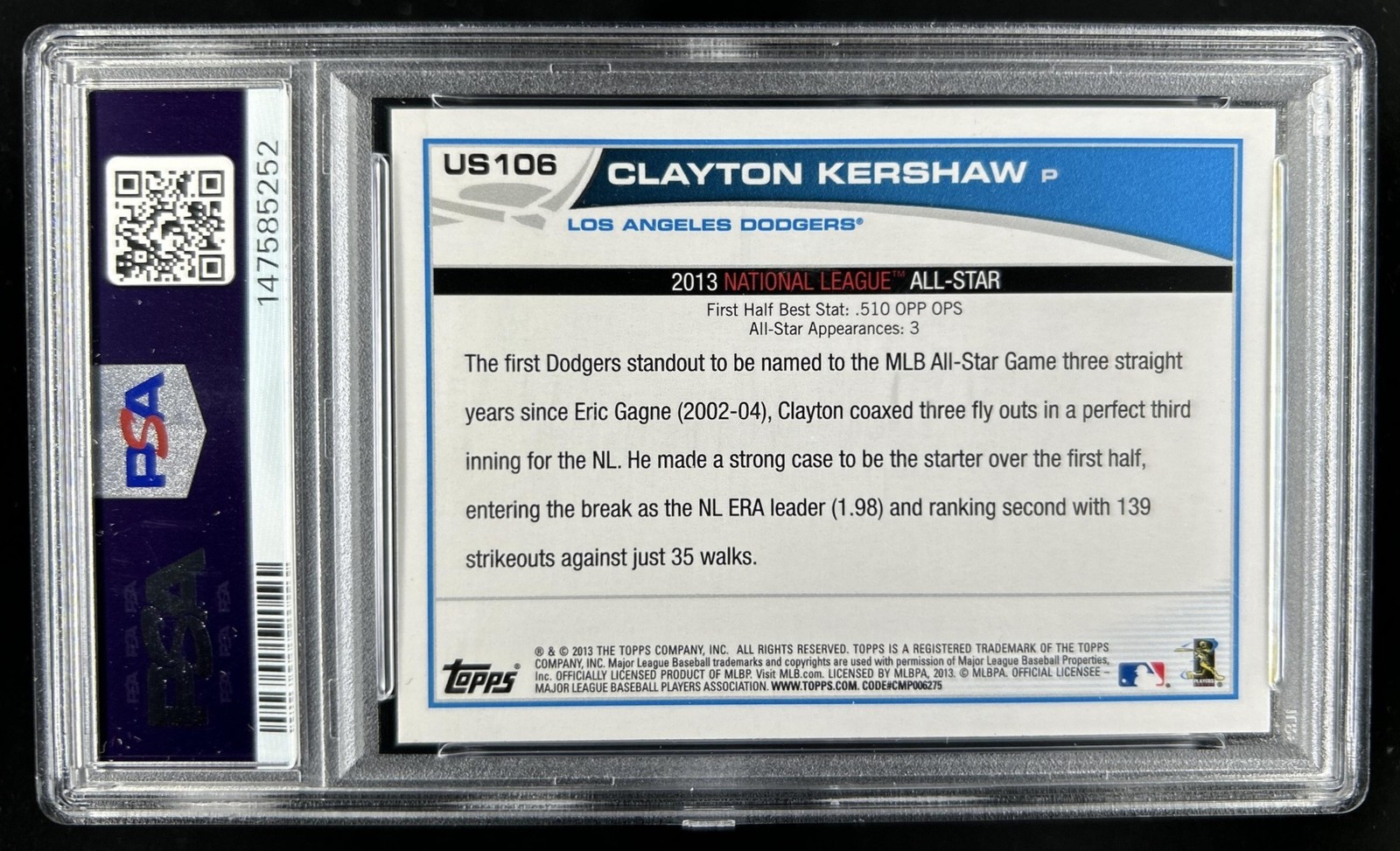 2013 Topps Update Clayton Kershaw Blue #US106 Dodgers PSA 9 view 2