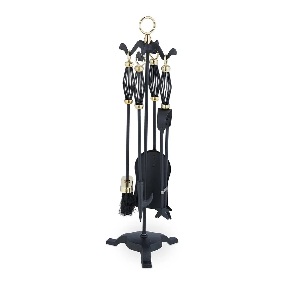 Couverts de cheminée fer noir doré serviteur de cheminée accessoires de poêle - Photo 1/4
