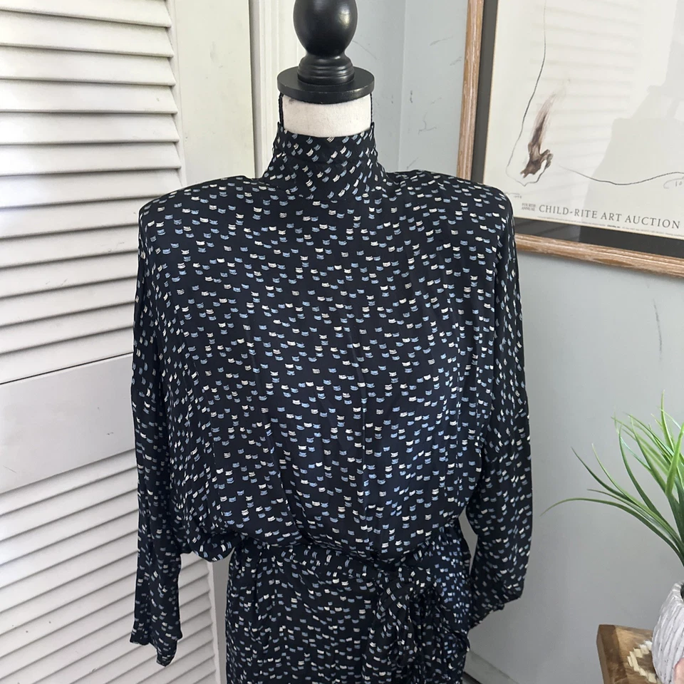 Винтажный 80-х NICOLE MILLER 2 женское платье синий подпоясанный Midi доломан рукав - Изображение 3 из 4