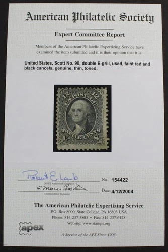 CKStamps: US Stamps Collection Scott#90 12c Washington Used Double E Grill Cert
