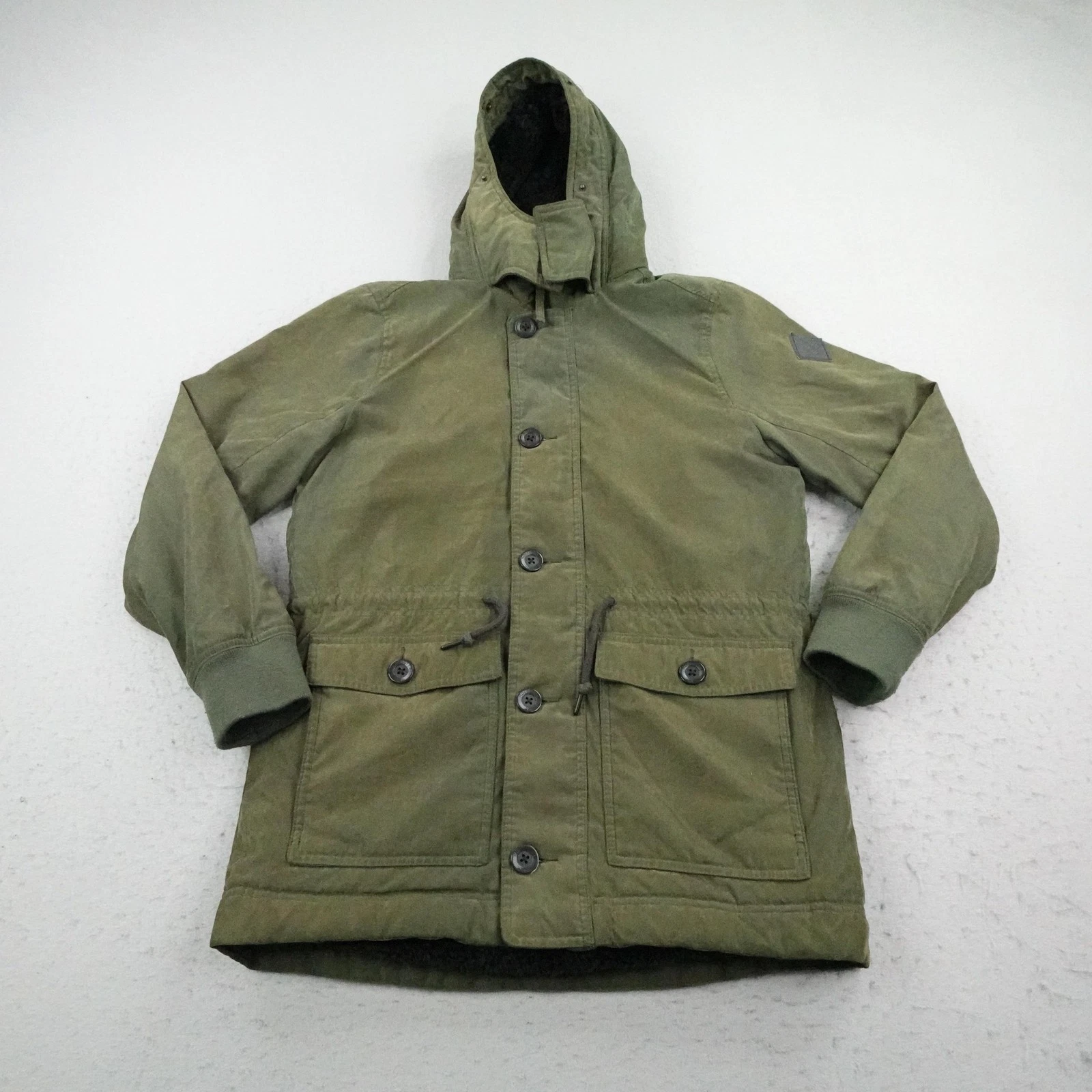 Hollister Jacket Mens Small Green Parka Faux Fur Fleece Lined Coat Button Zip Up